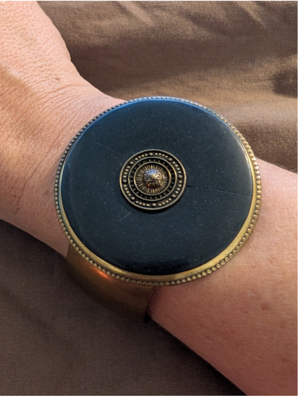 Jan Michaels San Francisco Black Onyx Statement Cuff Bracelet Vintage Brass